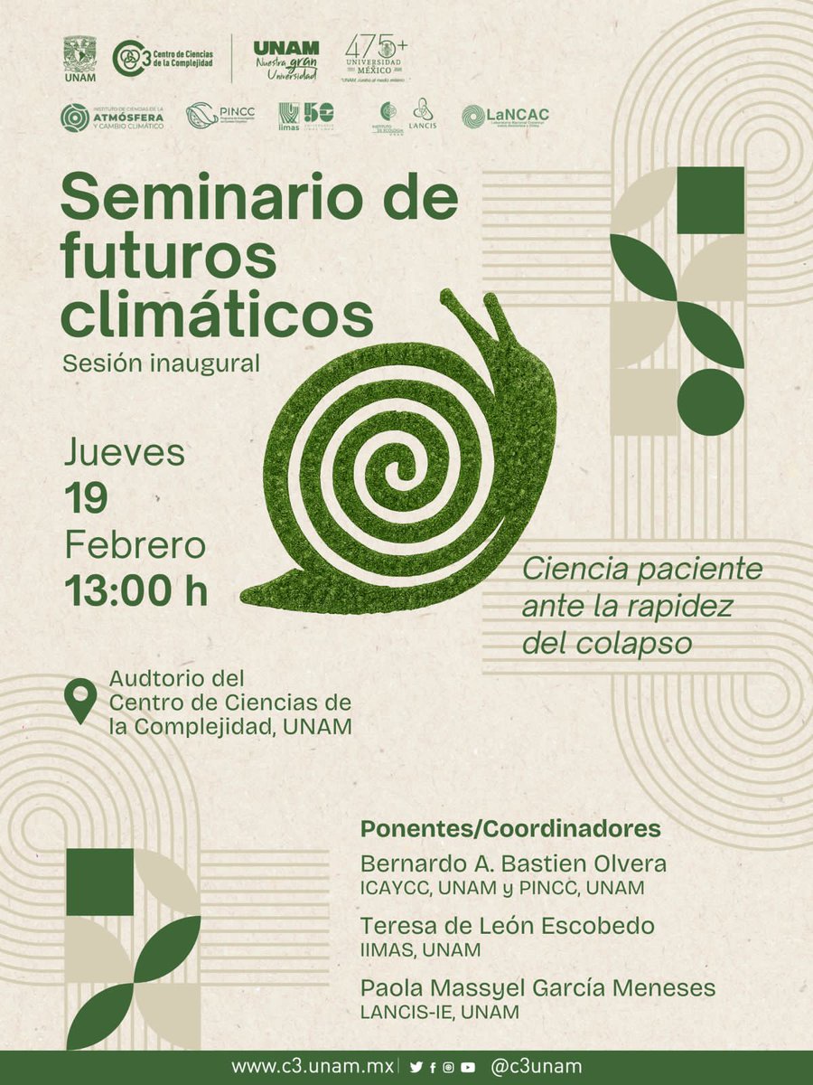 🌎 ¡Imaginemos futuros climáticos! Este #SeminarioC3 ofrecerá diálogos pacientes en torno a la rapidez del colapso climático para explorar futuros climáticos 🌿 
📅 Jueves 19 de febrero 
⏰ 13:00 h
📍 Auditorio del C3 | Modalidad mixta
🔗 Regístrate aquí: bit.ly/4rsrLC2