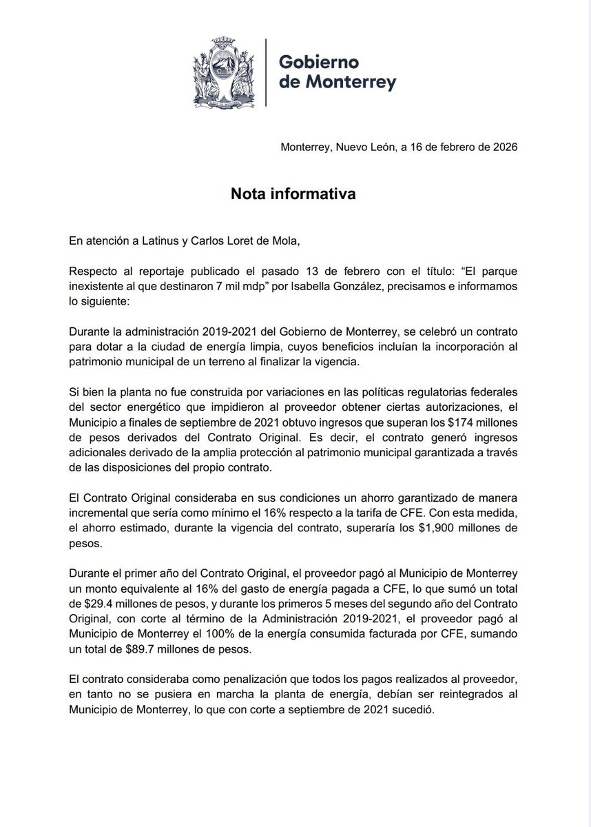 mtygob's tweet photo. En atención a @latinus_us y a @CarlosLoret sobre el reportaje del 13 de febrero, el Gobierno de Monterrey comunica lo siguiente: https://t.co/9XNNMHWFo3