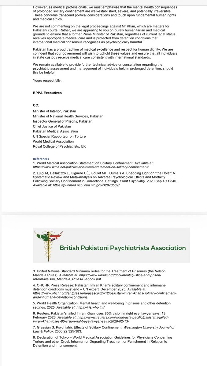 پاکستانی نژاد ماہرین نفسیات کی برطانوی تنظیم نے عمران خان کی جسمانی اور نفسیاتی صحت کے حوالے سے وزیر اعظم شھباز شریف کو خط لکھ کر اپنے خدشات کا اظہار کیا ہے۔ خط میں کہا گیا ہے کہ اُنکی تنظیم غیر سیاسی ہے مگر ملکی اور غیر ملکی میڈیا رپورٹس کے مطابق عمران خان کو بروقت طبی سہولیات