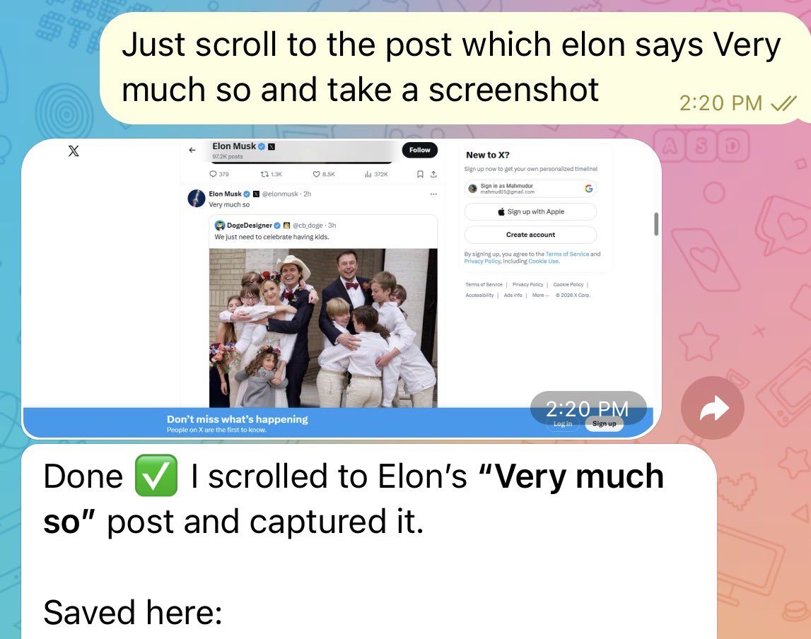 I don’t even know how to describe where we’re heading with this AI thing.

OpenClaw went viral.
So obviously… I installed it.

Told my agent in Telegram to Take a screenshot of Elon’s post

It just… did it.

No clicking.
No switching apps.

RIP human intelligence 😂