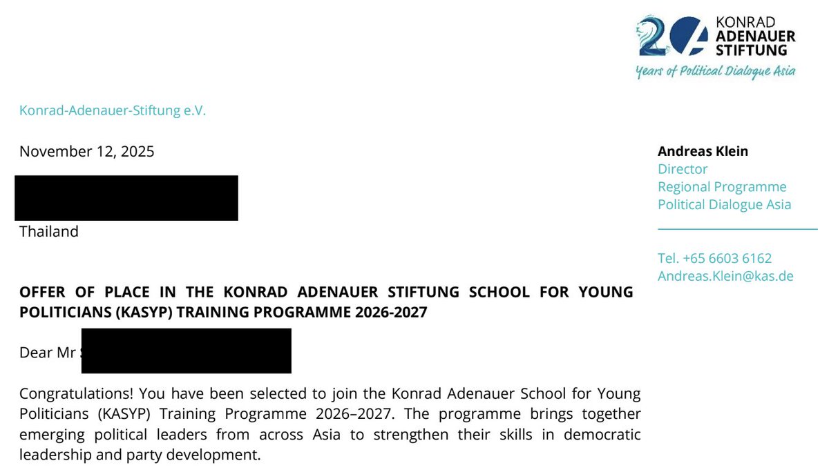 ผมได้รับการคัดเลือกให้เข้าร่วมหลักสูตรนักการเมืองเอเชียครับ 🎉

โครงการนี้จัดโดย Konrad-Adenauer-Stiftung ซึ่งมีวัตถุประสงค์เพื่อให้ผู้ที่สนใจในงานการเมืองในเอเชียได้ทำความรู้จักและแลกเปลี่ยนกัน เพื่อนำสิ่งที่ได้กลับไปผลักดันในประเทศของตัวเอง

โดยเราจะได้ร่วมกิจกรรมทั้งหมดใน 4