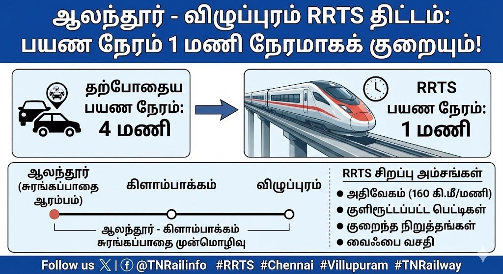 🚄 ஆலந்தூர் - விழுப்புரம் இடையே அதிவேக RRTS திட்டம்: பயண நேரம் 1 மணி நேரமாகக் குறையும்! 🚆

#சென்னை ஆலந்தூரில் இருந்து #விழுப்புரம் வரையிலான பயணத்தை அதிவேகமாக்க புதிய RRTS (Regional Rapid Transit System) திட்டத்தைச் செயல்படுத்த ஆலோசனை நடைபெற்று வருகிறது. இதற்கான முக்கியத்