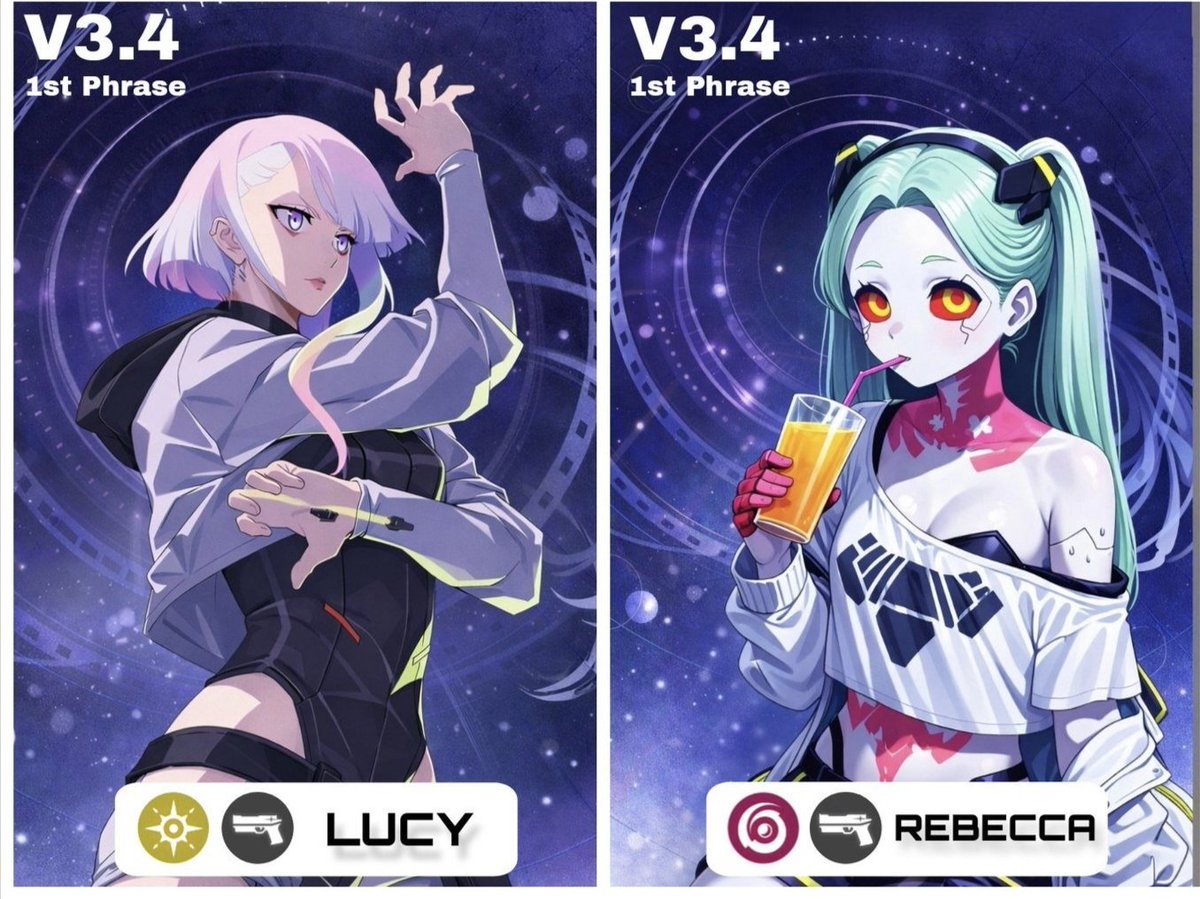 𝗩𝗲𝗿𝘀𝗶𝗼𝗻 𝟯.4 𝗕𝗮𝗻𝗻𝗲𝗿𝘀 (𝗦𝗧𝗖)

🔹 First Half:
Lucy –   Spectro | Pistols
Rebecca –  Havoc | Pistols

Both Cyberpunk Collab characters are reportedly releasing in the first half of 3.4.

Source: Seele Leaks
#WutheringWaves