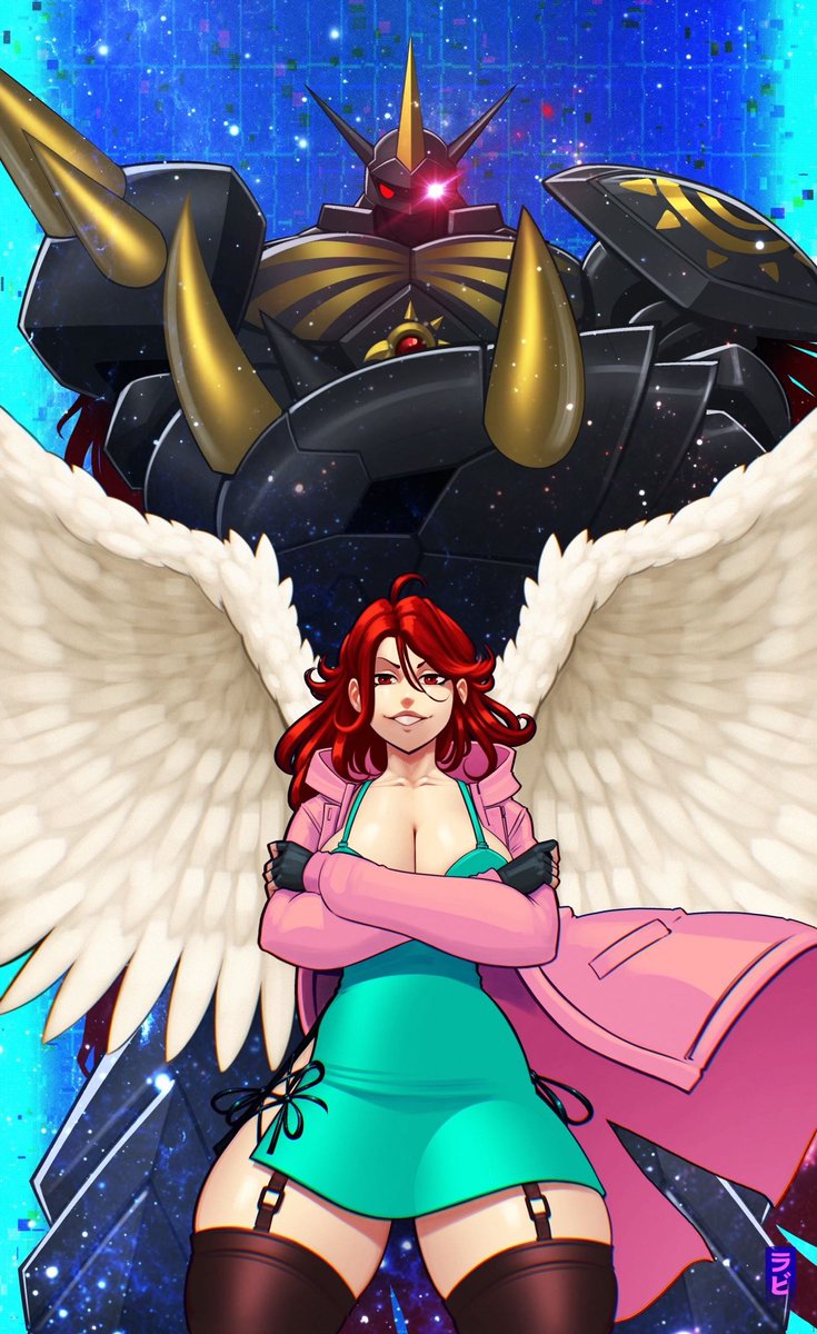 Piece done for <a href="/GoldnightAngel/">Serena - MtG Angel Vtuber</a> and it features her with her mighty Omegamon Zwart behind her. This was a ton of fun to do, and I wish I got more opportunities to do fanart stuff. RT and like if you enjoy monsters of the digital kind :D