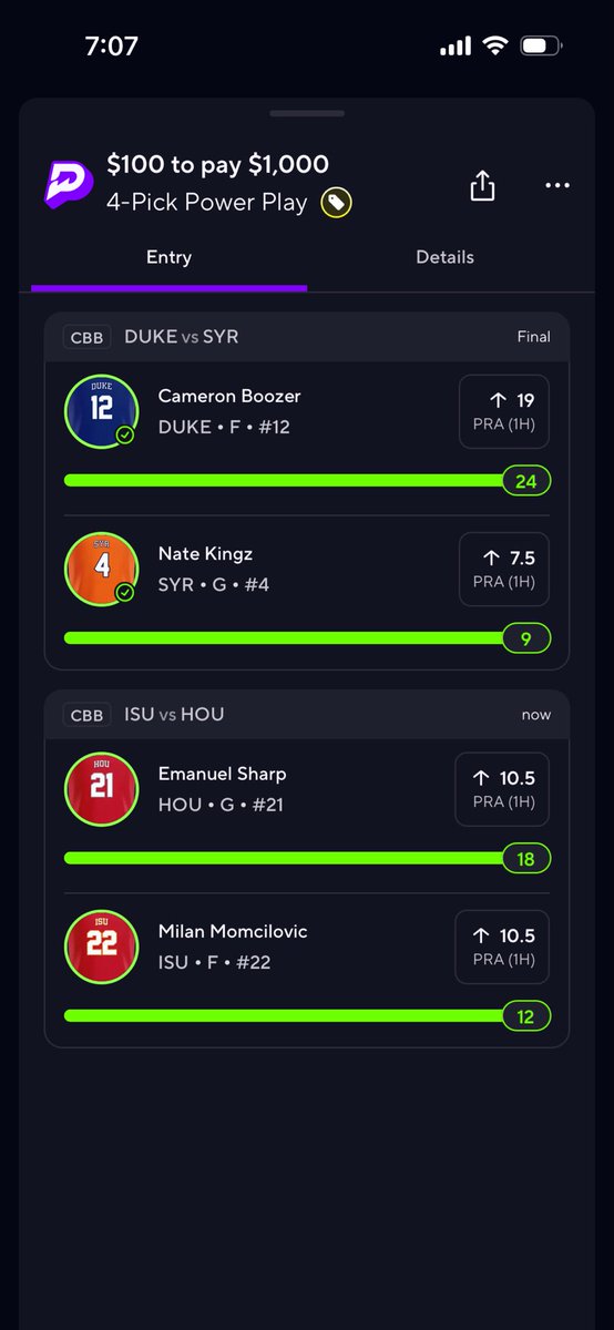 jayjay13500's tweet photo. Good $1000 Win , Ending The Night Off With a Bang , It Was Close but We Got The Job Done 💯👏🏻💰 @PrizePicks #CBB #PrizePicks #PrizePicksNBA #NBA https://t.co/NFUjs7oZIR