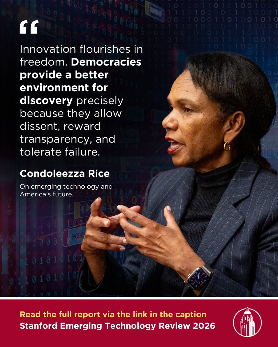 HooverInst's tweet photo. Hoover Institution Director @CondoleezzaRice introduces the 2026 Stanford Emerging Technology Review, a resource for wise and informed decision-making in key fields of science and technology.

Read the full report here: https://t.co/dsFRJDdjAV