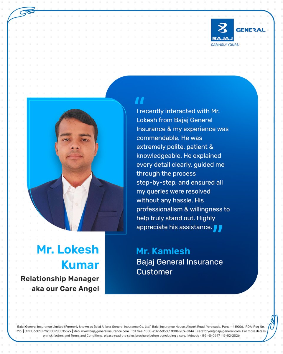 bajajgeneral's tweet image. #HappyCustomers: From queries to resolution, our #CareAngels ensure your claims process moves forward with clarity and care 💙

#CaringlyYours #ForwardKaroCare #HameshaAapkeLiye #CustomerTestimonial