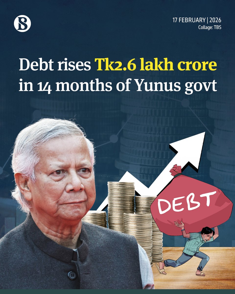 tbsnewsbd's tweet photo. Debt of the interim government led by Muhammad Yunus increased by Tk2,60,257 crore during the first 14 months of its tenure, even though development expenditure fell to its lowest level in seven years.

Link in comments

#InterimGovernment #DrYunus #ForeignDebt #TBSNews https://t.co/xbj1msDWYu