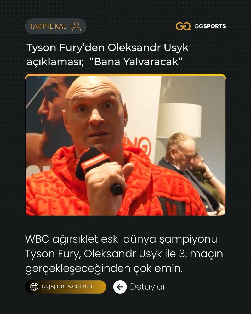 ggsportscomtr's tweet image. Tyson Fury’den Oleksandr Usyk açıklaması; “Bana Yalvaracak”

WBC ağırsıklet eski dünya şampiyonu Tyson Fury, Oleksandr Usyk ile 3. maçın gerçekleşeceğinden çok emin.

Fury;
“Bak, yılın sonunda üçüncü maç için bana yalvaracak olan o olacak. Onunla dövüşmek isteyen ben değilim.