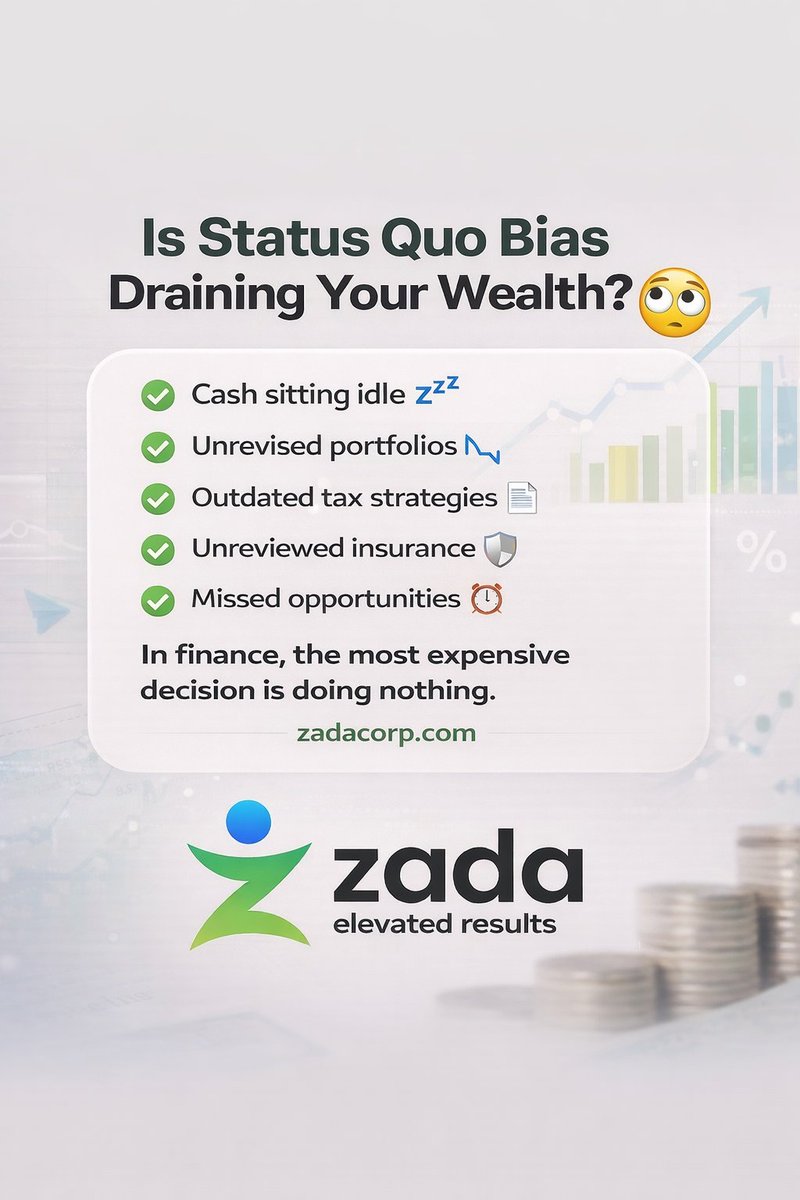 CashQueen55's tweet photo. Status quo bias is quietly draining your wealth.

It’s why cash sits idle, portfolios go unrevised, and tax strategies stay outdated.

Doing nothing feels safe.

But in finance, inaction compounds too.

Comfort preserves. Strategy builds.

#Investing #BehaviouralFinance https://t.co/RQNjk423iU