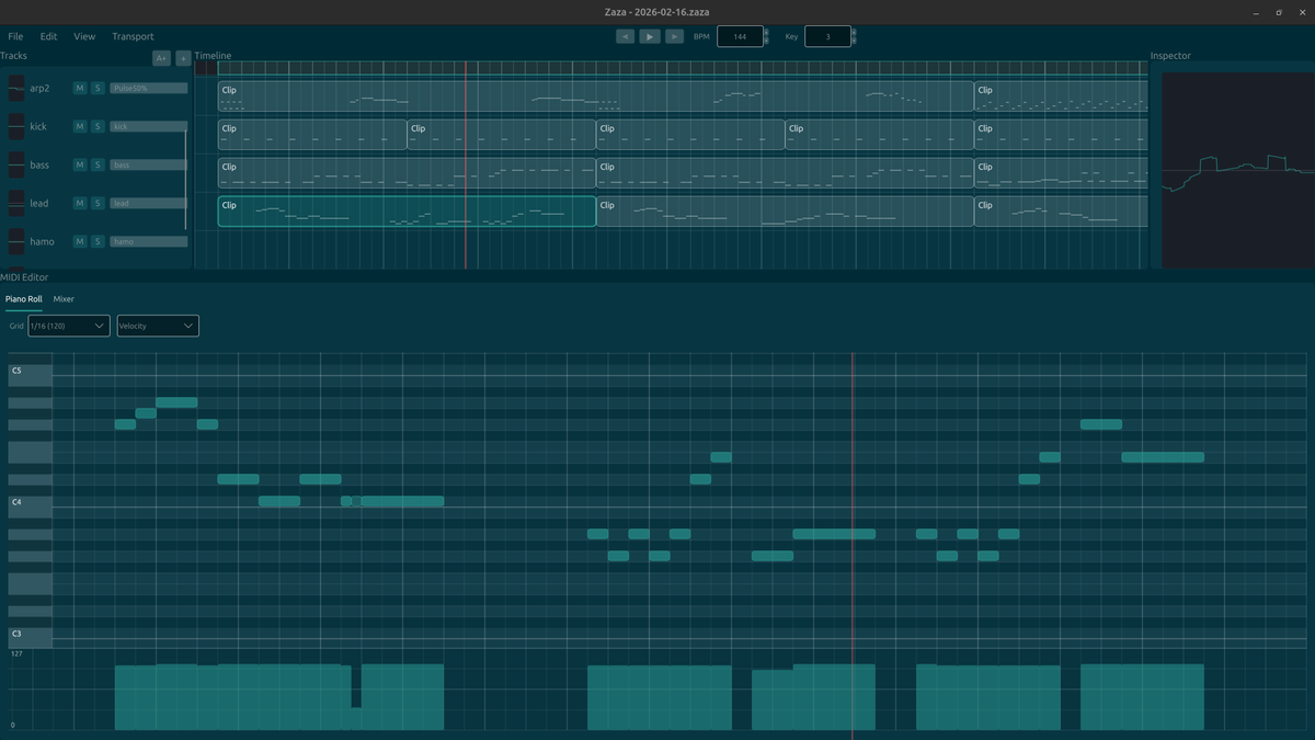 amuru_chiptune's tweet photo. チップチューン作曲ソフト『Zaza』開発中
・DAWライクなUIと操作感で親しみやすさUP
・Windows/Linuxで動作し、シンプルで軽量
・直感的に音色を作り込めるInstrument機能（プリセットもあり）
無料でリリースする予定です！