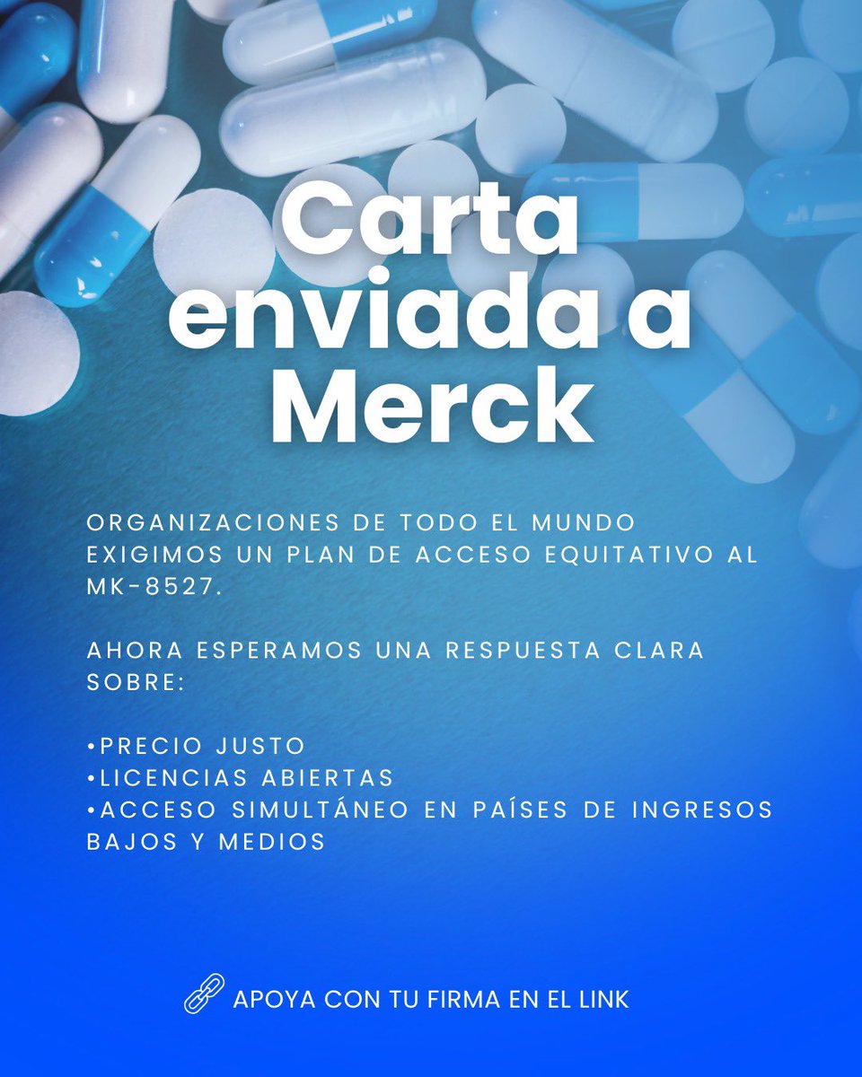 gua_med's tweet photo. Exigimos a Merck un plan de acceso equitativo al MK-8527, PrEP oral mensual en investigación, para países de ingresos bajos y medios. El acceso no puede esperar. 

✍️ Organizaciones: firmen y respalden la carta aquí 👉 https://t.co/Xt62gOc4N7
 #AccesoGlobal #VIH #PrEP https://t.co/NJiDS50Laq