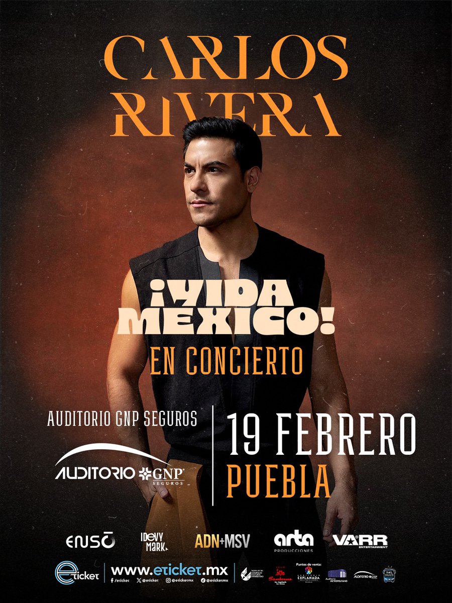El cantante <a href="/_CarlosRivera/">Carlos Rivera</a> presentará su nueva gira ¡Vida México! el 19 de febrero a las 21:00 horas en el Auditorio GNP Seguros.

<a href="/artaproductions/">ARTA PRODUCCIONES</a> <a href="/Idevymark/">Idevymark</a>