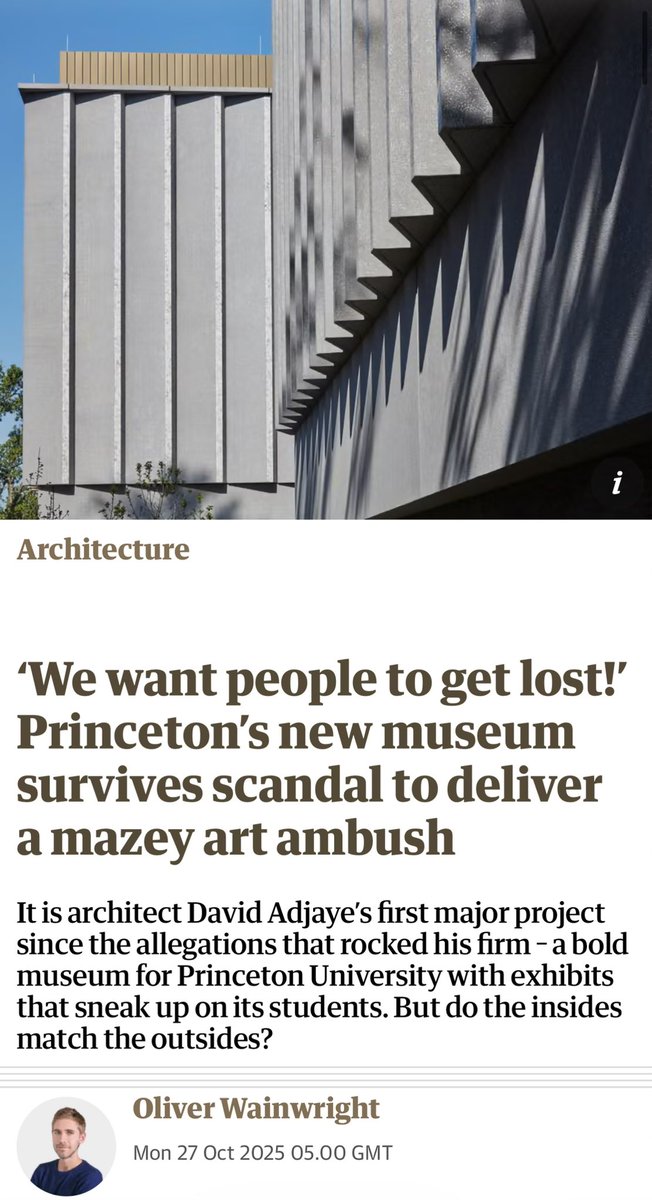 WilliamTozer's tweet photo. As they have grown in size, Adjaye’s projects have all too often given the impression of someone in a hurry . . . the Princeton museum [is] leagues ahead’

I wonder if this is partly because they lost a lot of projects when this one was being realised. 

https://t.co/31Y07NxijY https://t.co/JCc47SUJ9l