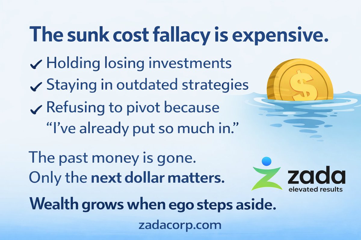 CashQueen55's tweet photo. The sunk cost fallacy is expensive.

Holding losing investments.
Staying in outdated strategies.
Refusing to pivot because “I’ve already put so much in.”
The past money is gone.
The only question that matters:
What should the next dollar do?

Wealth grows when ego steps aside. https://t.co/TKwsT3iZtT