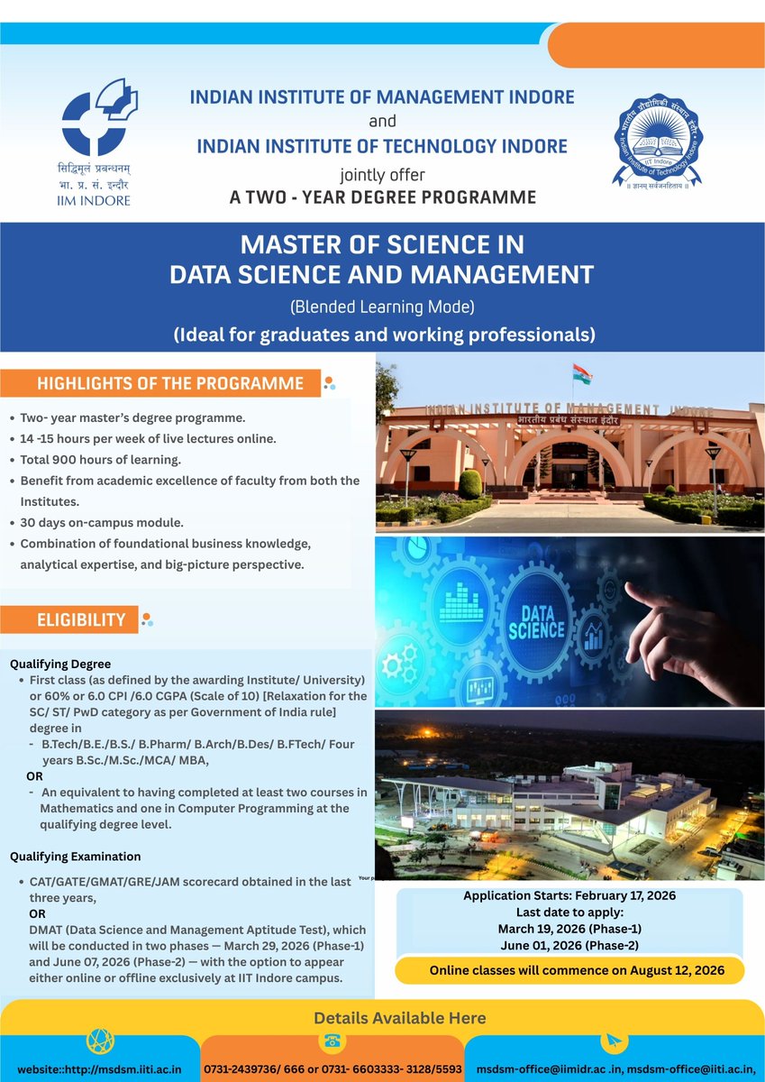 IIM_I's tweet photo. #AdmissionsOpen for the Master of Science in Data Science and Management (MSDSM), a distinctive collaboration between @IIM_I and @IITIOfficial.
Apply now and take the next step toward becoming a future-ready leader: https://t.co/BOy4Enr4HJ
#MSDSM #Management #DataScience https://t.co/PLH5LhlAIf