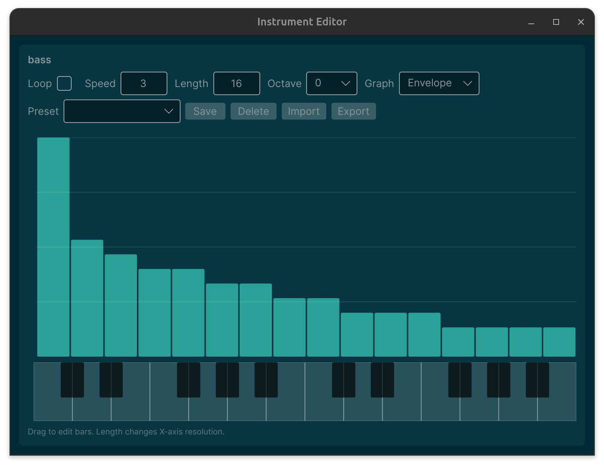 チップチューン作曲ソフト『Zaza』開発中
・DAWライクなUIと操作感で親しみやすさUP
・Windows/Linuxで動作し、シンプルで軽量
・直感的に音色を作り込めるInstrument機能（プリセットもあり）
無料でリリースする予定です！