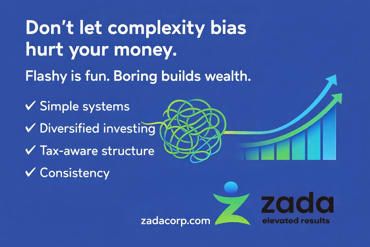 CashQueen55's tweet photo. Complexity bias is expensive.

We assume complicated = smarter.
In money, simple usually wins.
Clear cash flow.
Diversified investing.
Tax-aware structure.
Consistency.

If it feels impressive but unclear, it’s probably not helping.
Flashy is fun.
Boring builds wealth. https://t.co/Au8soU4Q1t