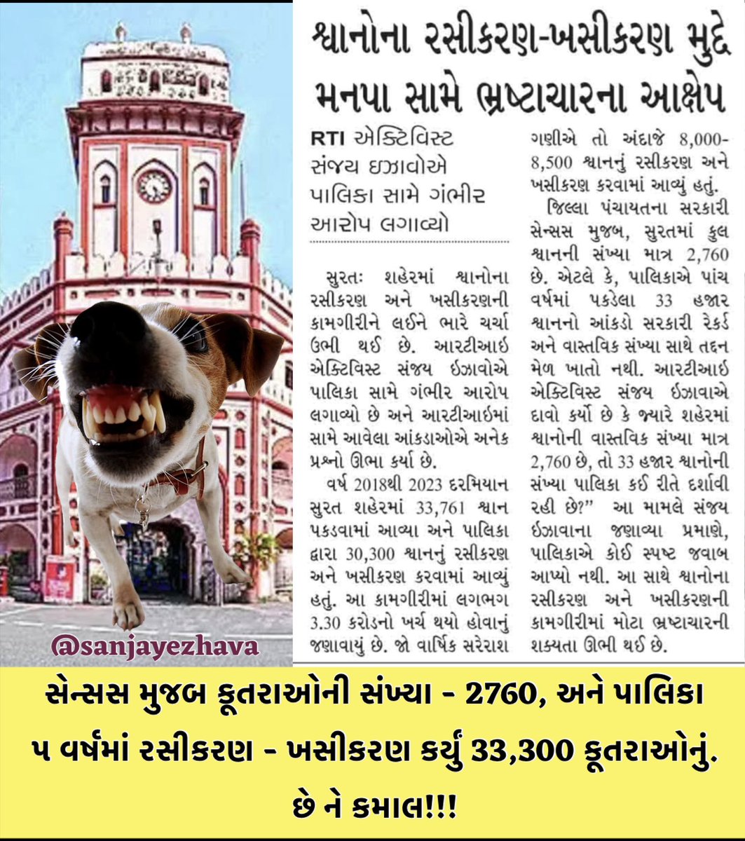 sanjayezhava's tweet photo. સેન્સસ મુજબ કૂતરાઓની સંખ્યા - 2760,

પાલિકા ૫ વર્ષમાં રસીકરણ - ખસીકરણ કર્યું - 33,300 કૂતરાઓનું.

છે ને કમાલ!!!
#DogScam #SuratMunicipalCorporation https://t.co/hcVbCEjyWs
