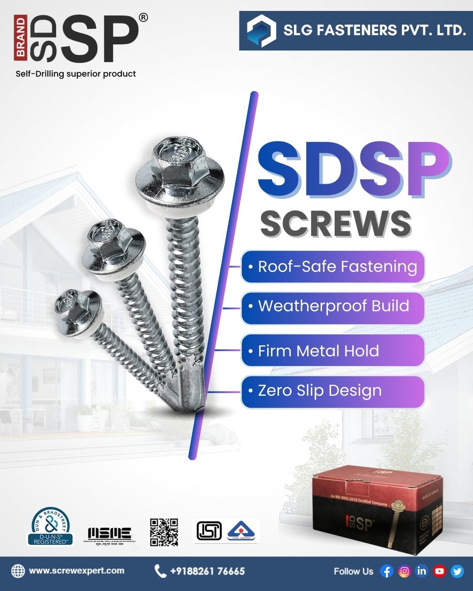 SlgFasteners's tweet photo. Roof safety starts with the right fastening system.
SDSP screws are designed to grip firmly and perform consistently.

Call us @ +91-8826176665
Website - https://t.co/EZ3boAiRkl
Email ID - sohanlalgupta.slg@gmail.com
YouTube Channel: https://t.co/6WTtKmhXJy

#SelfdrillingScrews https://t.co/4irPT2Pfb5