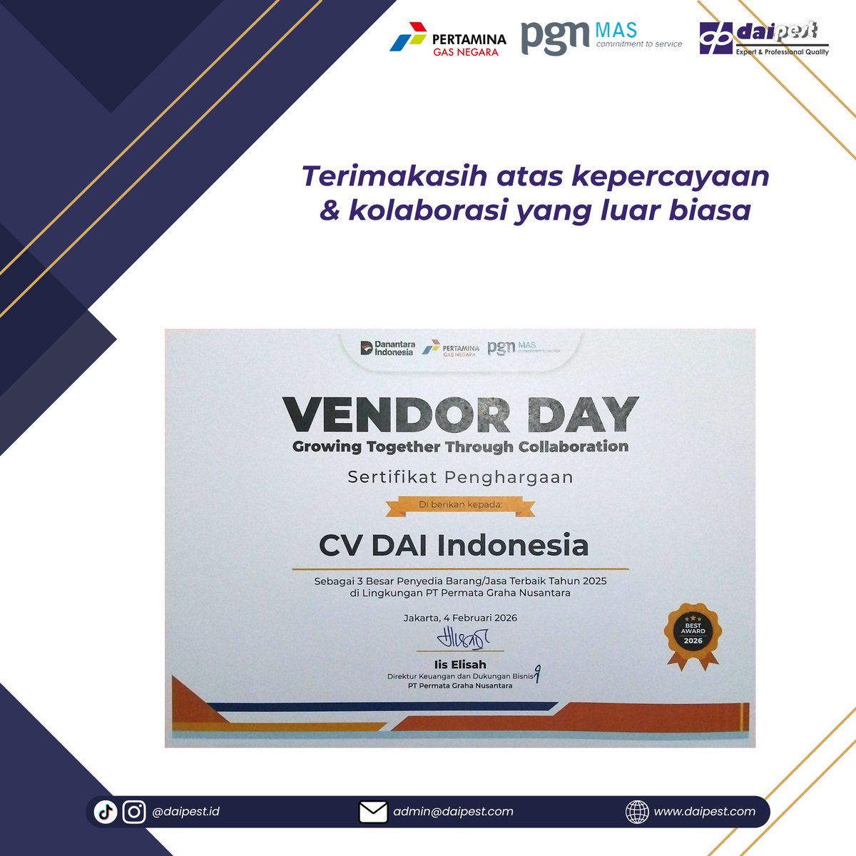 daipest's tweet photo. Penghargaan ini hasil kerja keras tim dan kepercayaan klien.
Terima kasih kepada PT Permata Graha Nusantara – PGN Group atas apresiasi yang diberikan kepada CV DAI Indonesia sebagai 3 Besar Penyedia Jasa Terbaik.

Kami siap terus meningkatkan kualitas layanan ke depannya 🌿✨ https://t.co/C4wd7vo3WL
