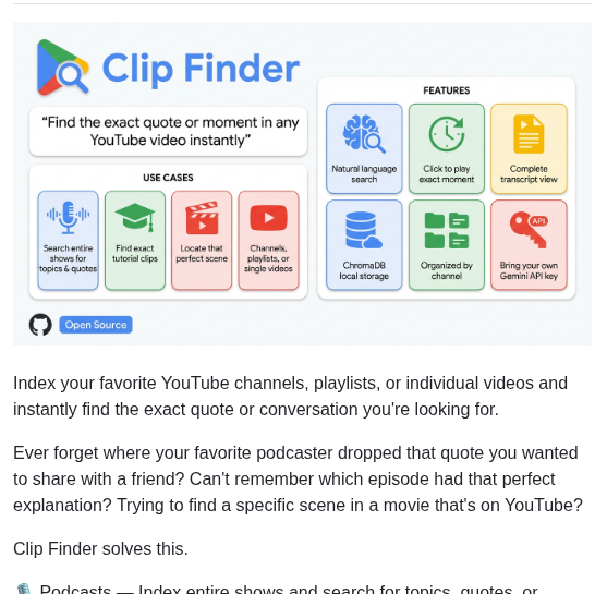 tom_doerr's tweet photo. Search YouTube videos by transcript with Gemini embeddings

https://t.co/7MLJDc6Z6q https://t.co/dZA0iFjVWo