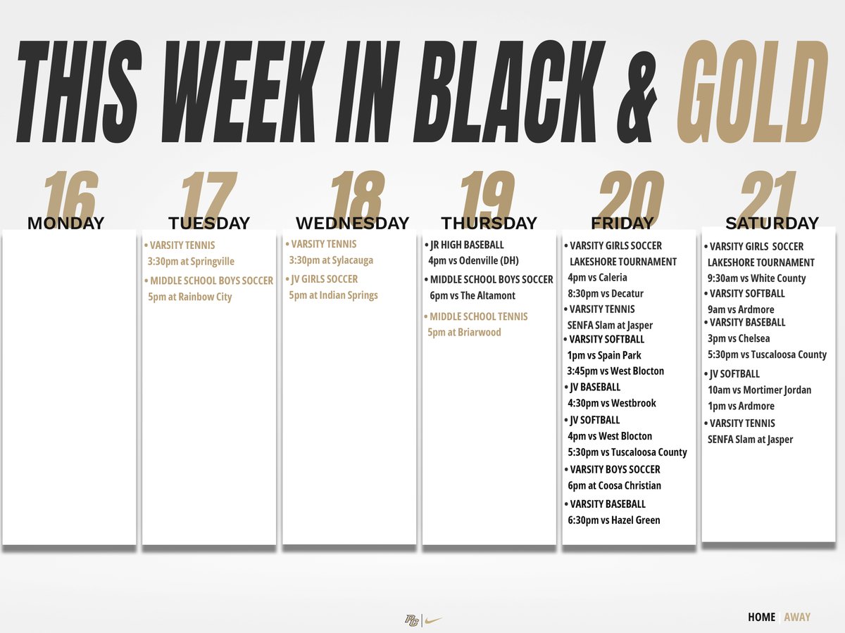 This Week in Black &amp; Gold 
Full slate of Panther action at home &amp; on the road.
Check the schedule + show up loud!
#WeArePC #PCAthletics