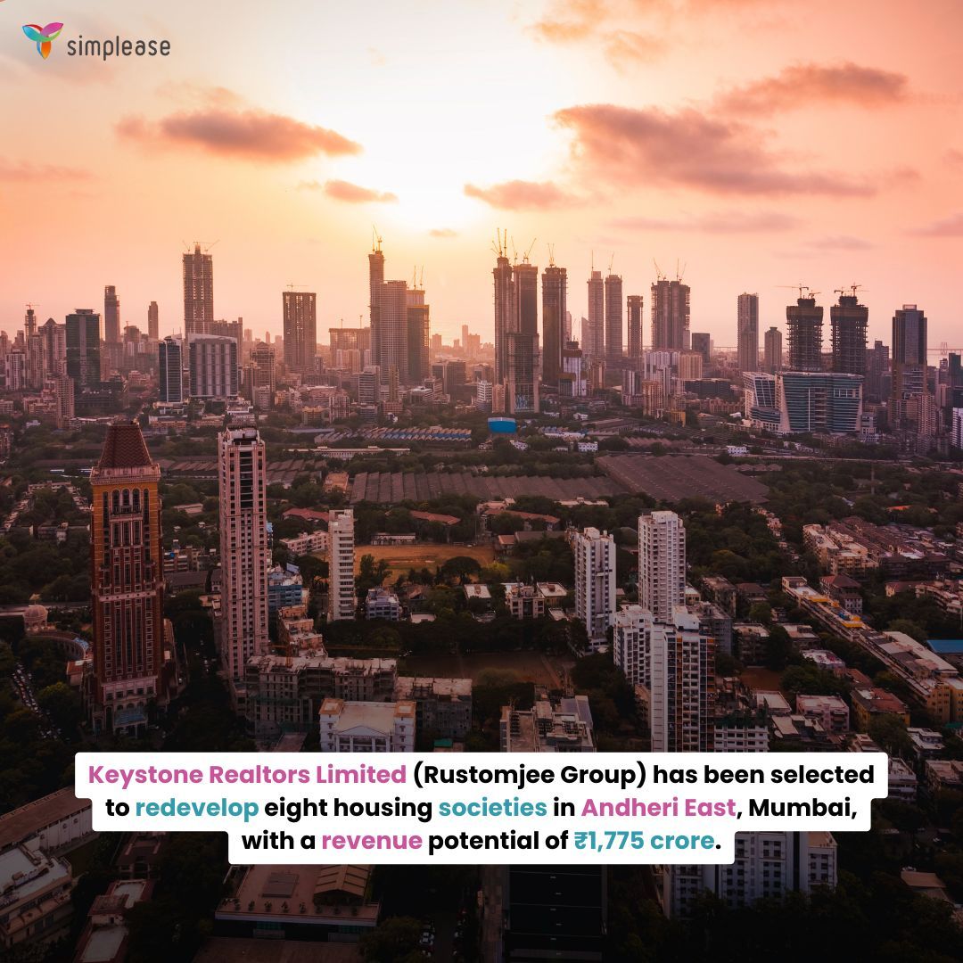 Rustomjee (Keystone Realtors) bags ₹1,775 crore redevelopment project in Andheri East 🏗️

8 housing societies, 637 members to be rehoused, 5 lakh sq ft free-sale potential.

#MumbaiRealEstate #Redevelopment #Rustomjee #Andheri