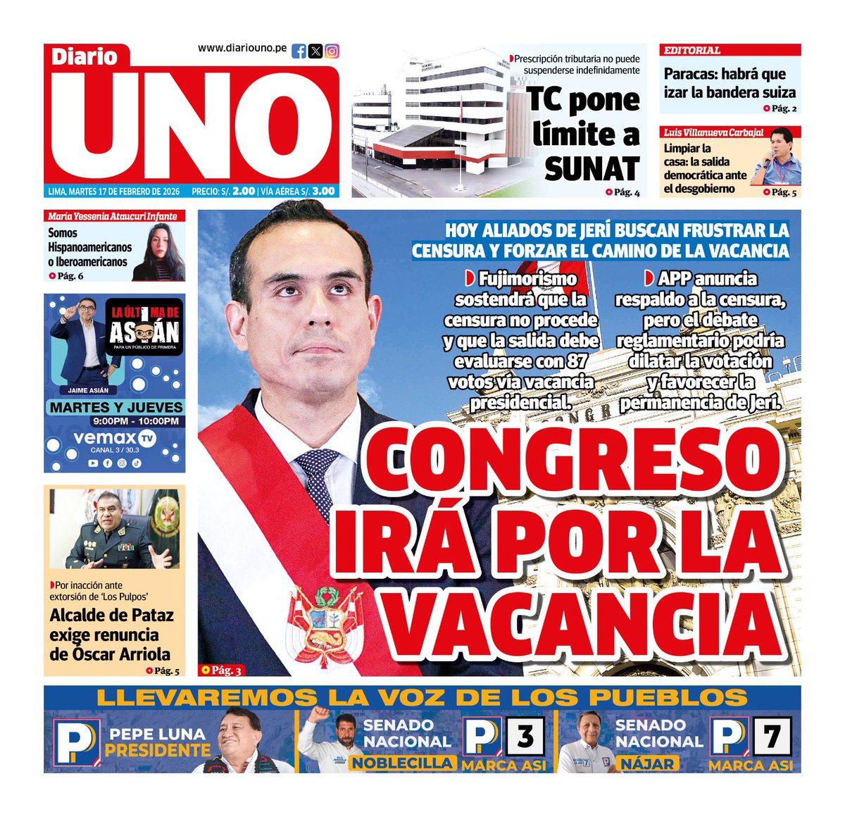 🗞️ Compartimos con ustedes la portada de Diario UNO del martes 17 de febrero de 2026