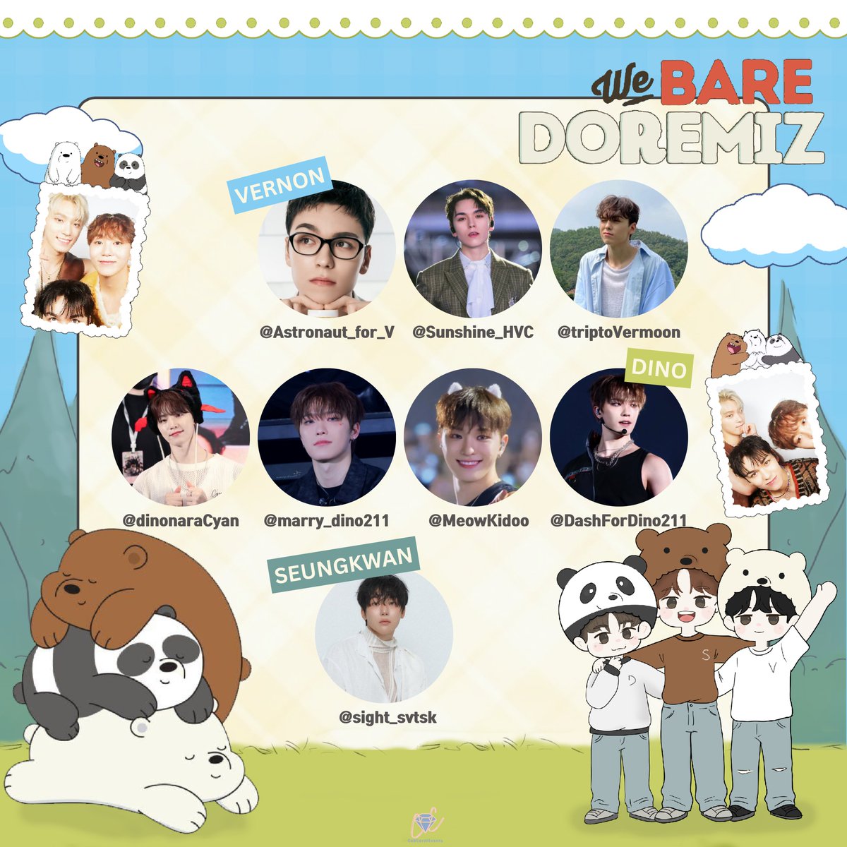 Don’t miss the chance to see and grab limited posters from these participating fansites! 📸

A big thank you to all these fansite-nims for trusting and allowing us to share their beautiful photos of Seungkwan, Vernon, and Dino! 💝

#WeBareDOREMIz #ByCabCaratEvents