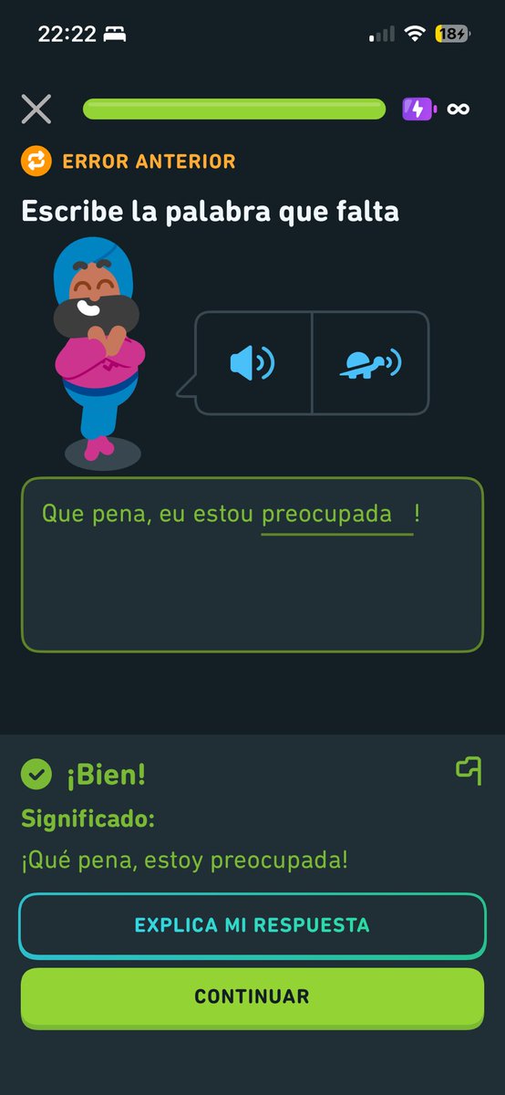 RockForeverFan's tweet photo. @duolingoespanol qué onda Duolingo………..? 
Puse preocupado y me lo puso mal hasta que no le asigne femenino a una palabra dicha por un personaje masculino…………
Neta corrijan esas cosas, es como básico de lenguas hermanas como el español y portugués https://t.co/Zf60hbsytT