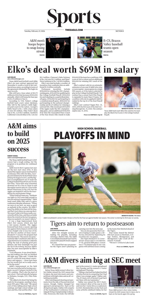 TheJakeWeese's tweet photo. Here's the sports front in tomorrow's Eagle.

Also make sure to check out B4 for our baseball season previews on College Station, Rudder and a look at the Brazos Valley as well. https://t.co/ufOBuNO6S6