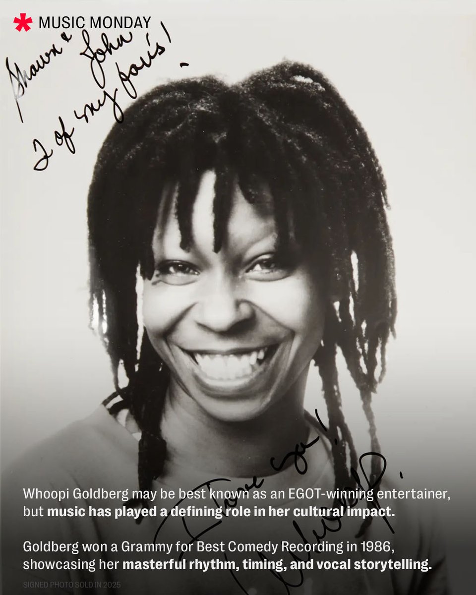 JuliensAuctions's tweet image. This #MusicMonday celebrates EGOT-winning icon Whoopi Goldberg, whose voice, presence, and instinct for performance have long extended beyond the screen and stage.

Bid now on “Whoopi Goldberg: The Collection” which features over 500 lots spanning her 40-year career where a