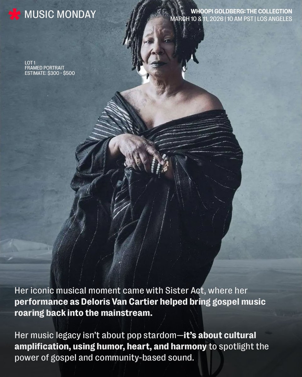 JuliensAuctions's tweet image. This #MusicMonday celebrates EGOT-winning icon Whoopi Goldberg, whose voice, presence, and instinct for performance have long extended beyond the screen and stage.

Bid now on “Whoopi Goldberg: The Collection” which features over 500 lots spanning her 40-year career where a