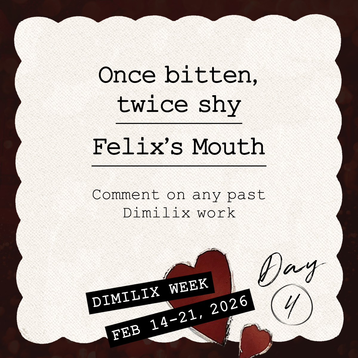 It's Day 4 of Dimilix Week!

Got some bingo squares to stamp off? Remember that you can comment on a #Dimilix work or share some recs, including your own work! We always love seeing all the Dimilix love!