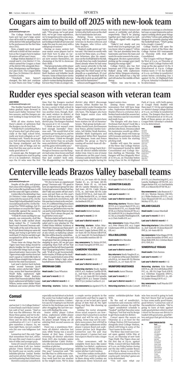 TheJakeWeese's tweet photo. Here's the sports front in tomorrow's Eagle.

Also make sure to check out B4 for our baseball season previews on College Station, Rudder and a look at the Brazos Valley as well. https://t.co/ufOBuNO6S6