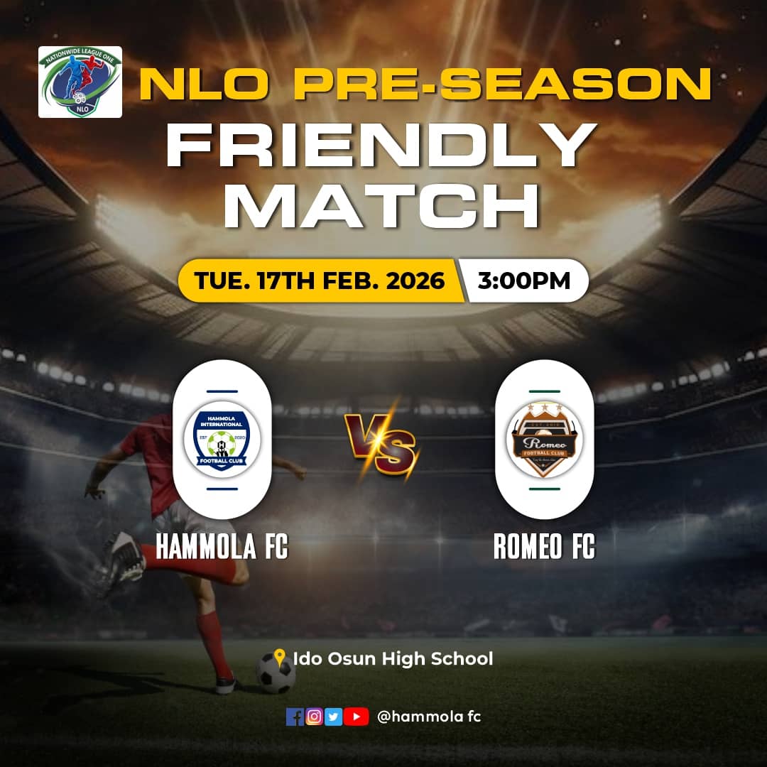 HammolaFC's tweet photo. NLO Pre-Season Friendly: Hammola FC to Face Romeo FC

Hammola FC will take on Romeo FC in a pre-season friendly match on Today  Tuesday, February 17 at 3 pm at Ido-Osun High School, Ido-Osun. 

The match is part of the team's preparations for the upcoming Nationwide League One https://t.co/s9vEnuFHw1