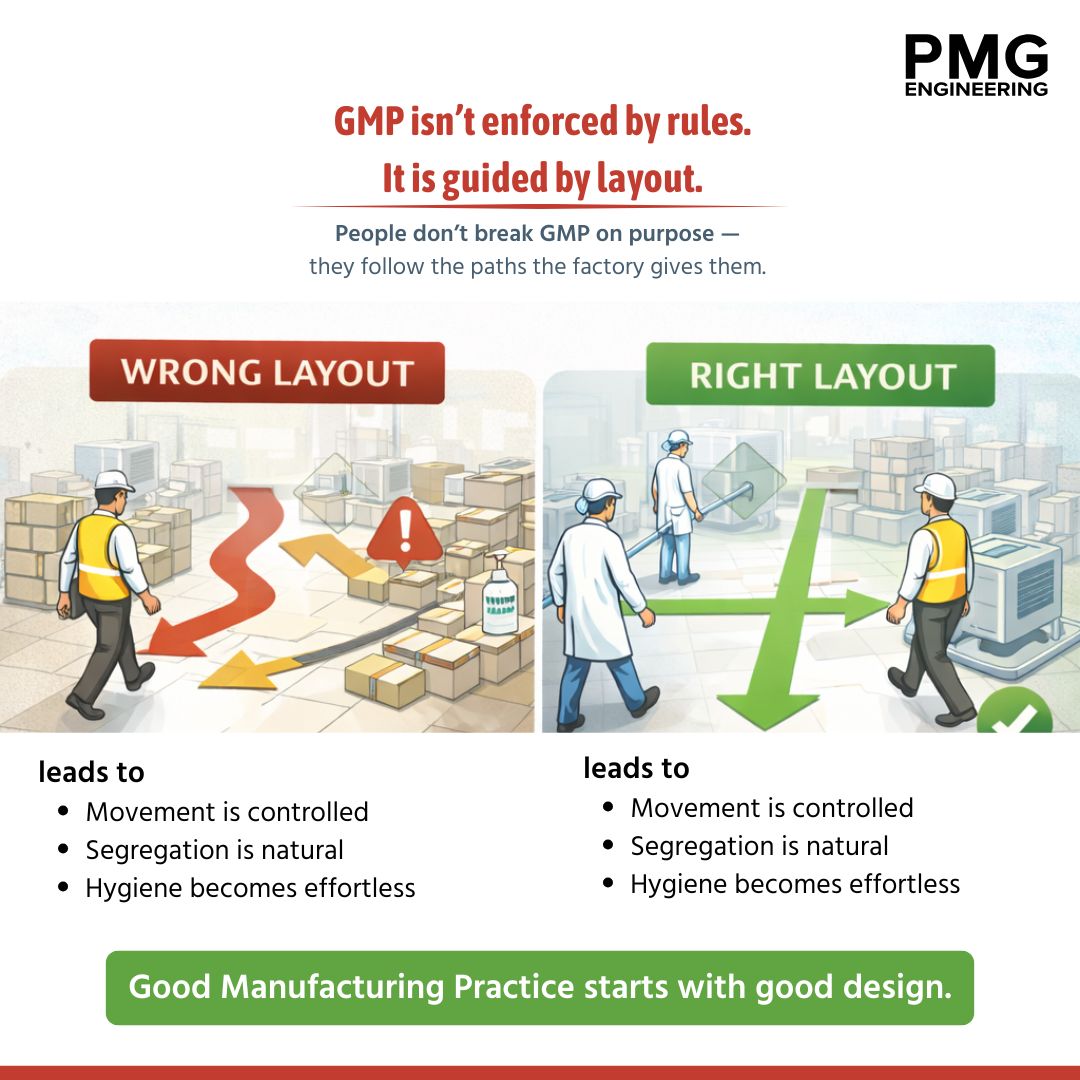 pmg_engineering's tweet photo. At PMG Engineering, we’ve seen one truth across projects:

People don’t break GMP - layouts do.

When movement paths are confusing, segregation fails.
When zoning is unclear, hygiene depends on discipline.
But when design guides behavior, compliance becomes natural.
Good Manufacturing Practice doesn’t start with SOPs.
It starts with smart planning.

#GMP #FoodSafety #PharmaDesign #FactoryDesign #EngineeringExcellence #HygienicDesign #IndustrialEngineering #PMGEngineering