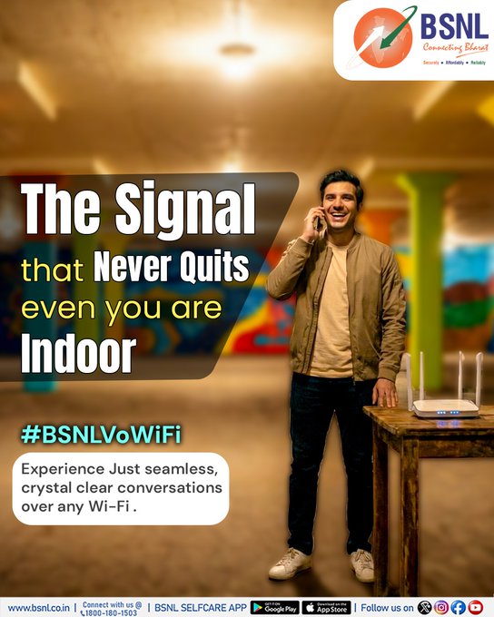 bsnl_ap_circle's tweet photo. Turn any Wi-Fi into your strongest network. Experience uninterrupted calling with BSNL VoWiFi clear, reliable, effortless.

#BSNLVoWiFi #WiFiCalling #BSNLIndia #SmartCalling #DigitalConnectivity #BSNLAP https://t.co/Yxq8qaQWLl