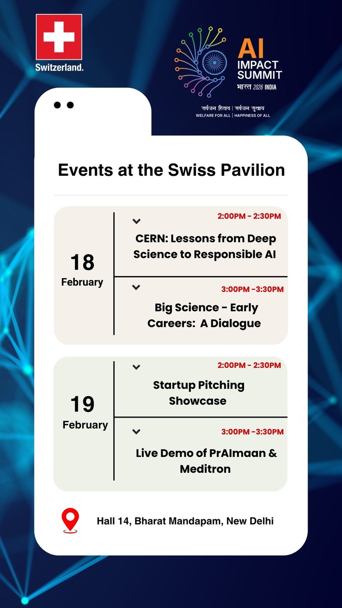 SwissEmbassyIND's tweet photo. From science dialogues to live demos, the🇨🇭Pavilion is buzzing with ideas, experts, & #innovation at the #AISummit at Bharat Mandapam.
Here’s your chance to engage with speakers, explore cutting-edge technologies, & be part of conversations shaping the future of #AI.
#SwissAI https://t.co/g4vXPV2VID