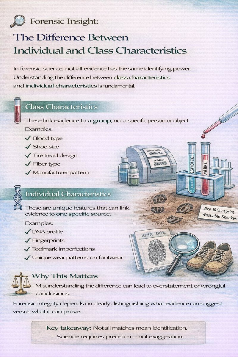 forensicshriya's tweet photo. Not all evidence identifies a person.

Class characteristics link to a group.

Individual characteristics can be linked to a single source.

Knowing the difference prevents overstatement in forensics. https://t.co/JUvDdRuiPN