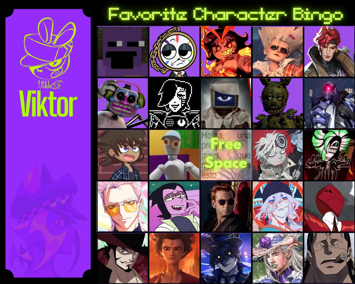 My friends and I made our favorite character bingo cards, and this is how mine turned out. I hope you guys can see my vision 👀

You’re free to join in and fill out my bingo, let’s see who can manage to get at least one line 😜