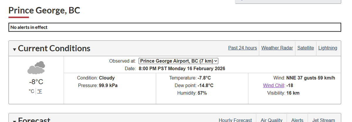 vlad_rad's tweet photo. Arctic Front currently crossing Price George, BC. You can see the current conditions indicating a big drop in temps/winds from NNE 39 gusting 60 km/h.
#BCCold #BCWx #BCStormWatch #WinterWatch https://t.co/GmxMZ4ScOt