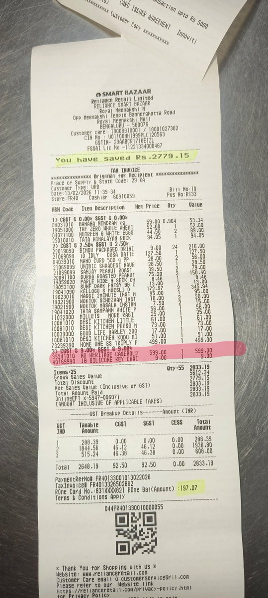 RCN80IN's tweet photo. @SMARTBazaarIn  or is it Chor Bazaar?

Product price on shelf shows 499 and when billed shows 599. I caught it. Many would not have realised. Is this your royal way to cheat loyal customers. This happened in Smart Bazaar, Meenakshi mall, Bangalore on 13 Feb 2026.
@jagograhakjago https://t.co/9NeUbbgRRg
