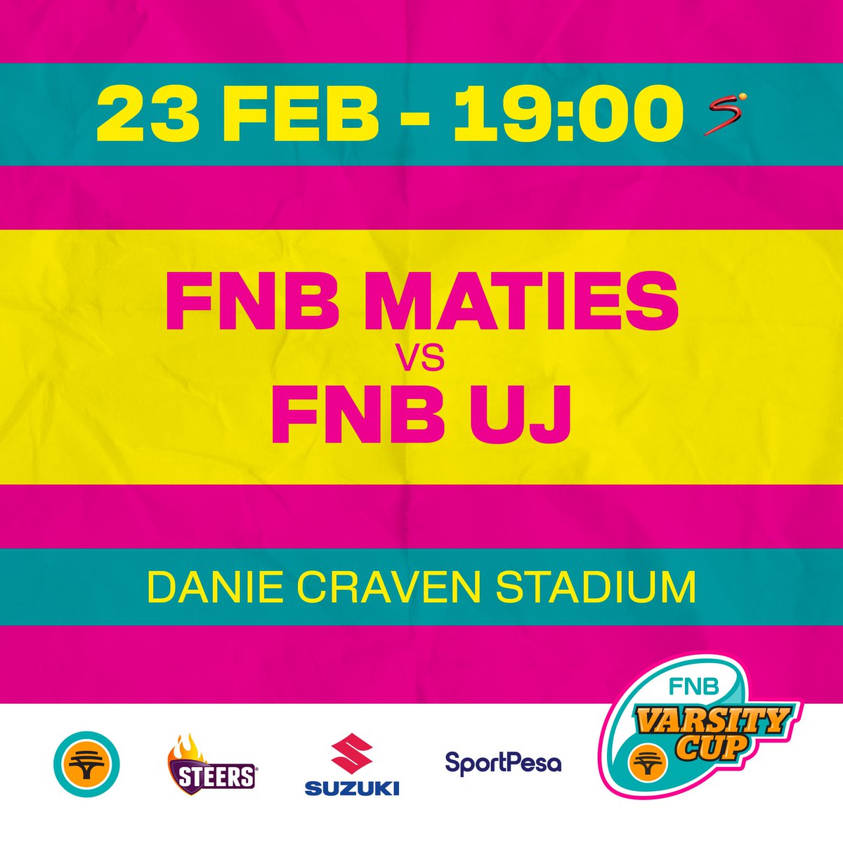 𝐅𝐍𝐁 𝐕𝐚𝐫𝐬𝐢𝐭𝐲 𝐂𝐮𝐩 𝟐𝟎𝟐𝟔 

🆚 FNB Maties
🏟️ Danie Craven Stadium
🗓️ Monday, 23 February 2026
🕰️ 19:00
📽 Live on SuperSport

#universityofjohannesburg #ujalltheway #orangearmy #rugbythatrocks