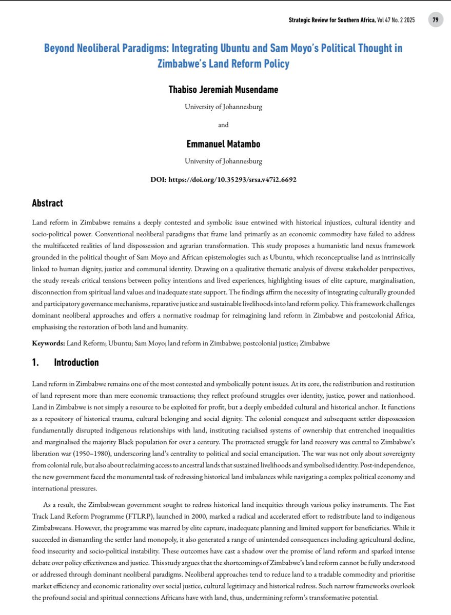 JOURNAL ARTICLE | STRATEGIC REVIEW FOR SOUTHERN AFRICA

Dr <a href="/EKMatambo/">Emmanuel Matambo 🇿🇲🇿🇦</a> recently published co-authored journal article titled: Neoliberal Paradigms: Integrating Ubuntu and Sam Moyo’s Political Thought in Zimbabwe’s Land Reform Policy

#LandReform #Ubuntu #SamMoyo #Zimbabwe