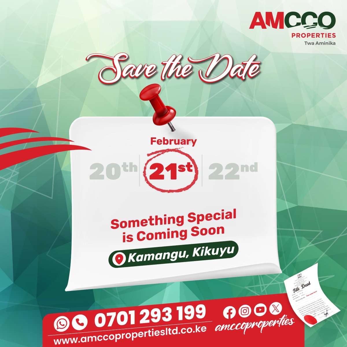 AmccoProperties's tweet photo. Mark your calendars. ๐๏ธ
Something big is dropping in Kamanguon the 21st. Will you be there to see it?
Call now for early details.
Call 0701 293 199 | WhatsApp https://t.co/Afil6MMDhW
#plotsforsale #newprojectalert #realestatekenya #twaaminika https://t.co/HwGFBn3rjY