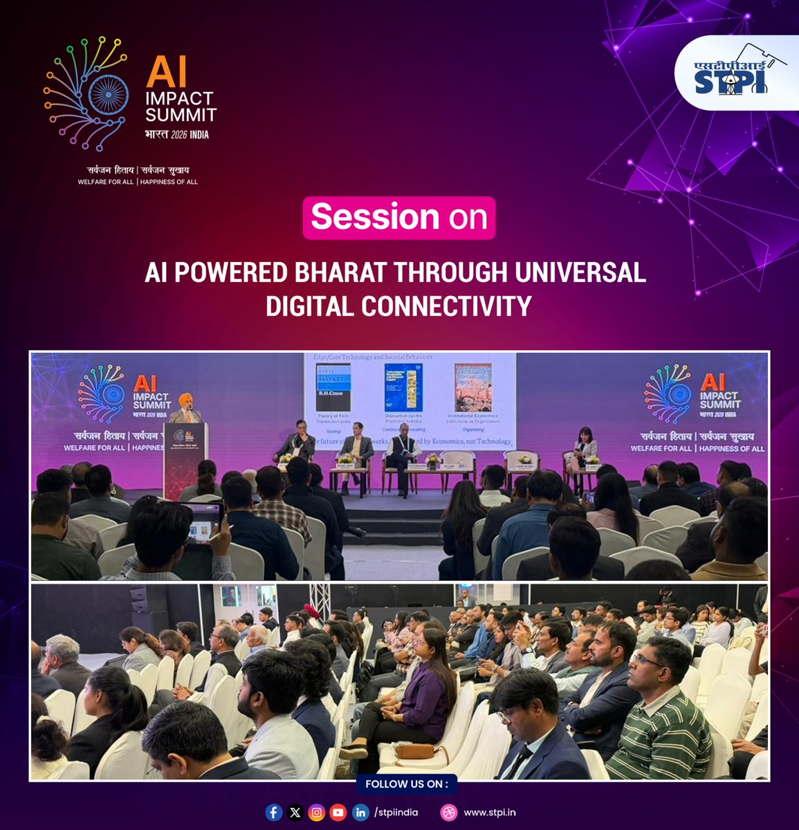 stpiindia's tweet photo. Snaps from an enlightening conversation on "AI Powered Bharat through Universal Digital Connectivity" hosted by STPI today during the ongoing India AI Impact Summit 2026 📸

#IndiaAIImpactSummit2026 #ResponsibleAI #AlforGood #AI #PeoplePlanetProgress #Innovation #GlobalCollaboration #EthicalInnovation #DigitalIndia #STPIINDIA #AIExpo #Delhi #IndiaAIImpactExpo2026 #Cloud #Tech #Technology #BharatMandapam #DelhiEvents

@GoI_MeitY @AshwiniVaishnaw @JitinPrasada @SecretaryMEITY @arvindtw @_DigitalIndia @NeGD_GoI @startupindia @OfficialINDIAai @IndiaAiExpo @abhish1 @kavitabha @indiannavy @adgpi @UIDAI @TCS @Microsoft @RedHat @github @LEGO_Group @Deloitte @airtelindia @HP @ASUS @reliancejio @Meta @Wipro @Qualcomm @Fortinet @BharatGen_Com @CoalIndiaHQ @neevcloud_IN @ANSYS @Cognizant @OpenAI @policybazaar @PTI_News @ANI @PIB_India @htTweets