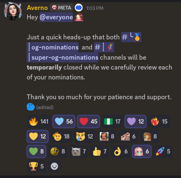 Hey Billions fam 💙

Just got an update from <a href="/HeyAverno/">Averno</a>
 OG &amp; Super OG nominations are temporarily closed.

Not canceled just under careful review. Every nomination is being checked to ensure recognition stays fair, earned, and truly deserved.

Appreciate everyone who