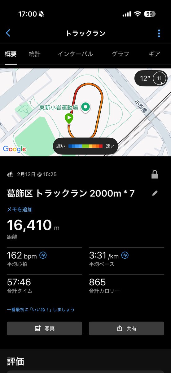 ddj_running's tweet photo. ご無沙汰しております。

【2/13(金) @ 東新小岩運動場】
・2000m * 7 (r : 400m)
・AFN%3

先週金曜日、約半年振りに陸上競技場へ。
自宅から2km弱はアップジョグ。
受付を済ませて淡々と走りました。

今は目標もなく走っているので良いも悪いもありませんが、不思議なことに達成感がありました。

これからもぼちぼち走り続けたいと思います。